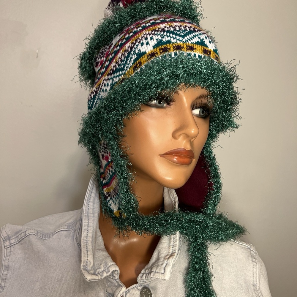 Green Patterned Knit Earflap Hat - image 3